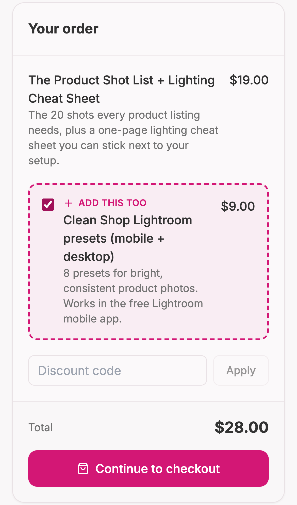 A checkout on a phone for a $19 shot list, with a ticked add-on offer for $9 Lightroom presets and a total of $28.