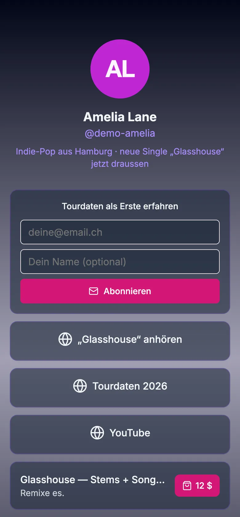 Amelia Lane, Indie-Musikerin: Anmeldung für Tourdaten · Links zu Single und Tour · Stems für 12 $ · Trinkgeld · Fanclub für 5 $