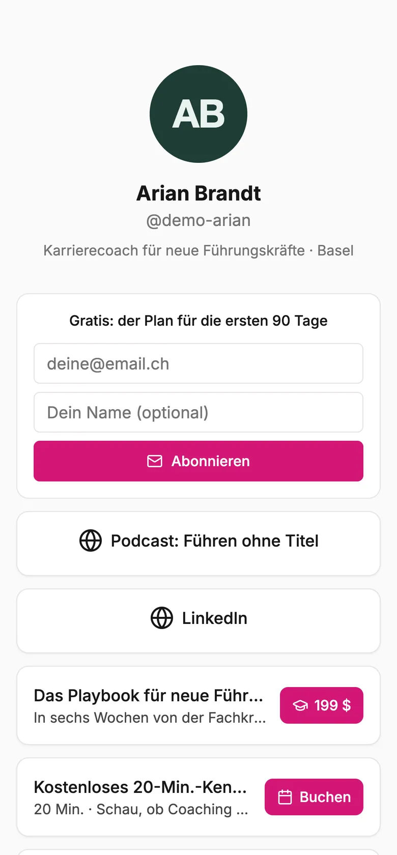 Arian Brandt, Karrierecoach: Gratis-90-Tage-Plan gegen E-Mail · kostenloses Kennenlernen · Coaching-Session für 150 $ · Kurs für 199 $