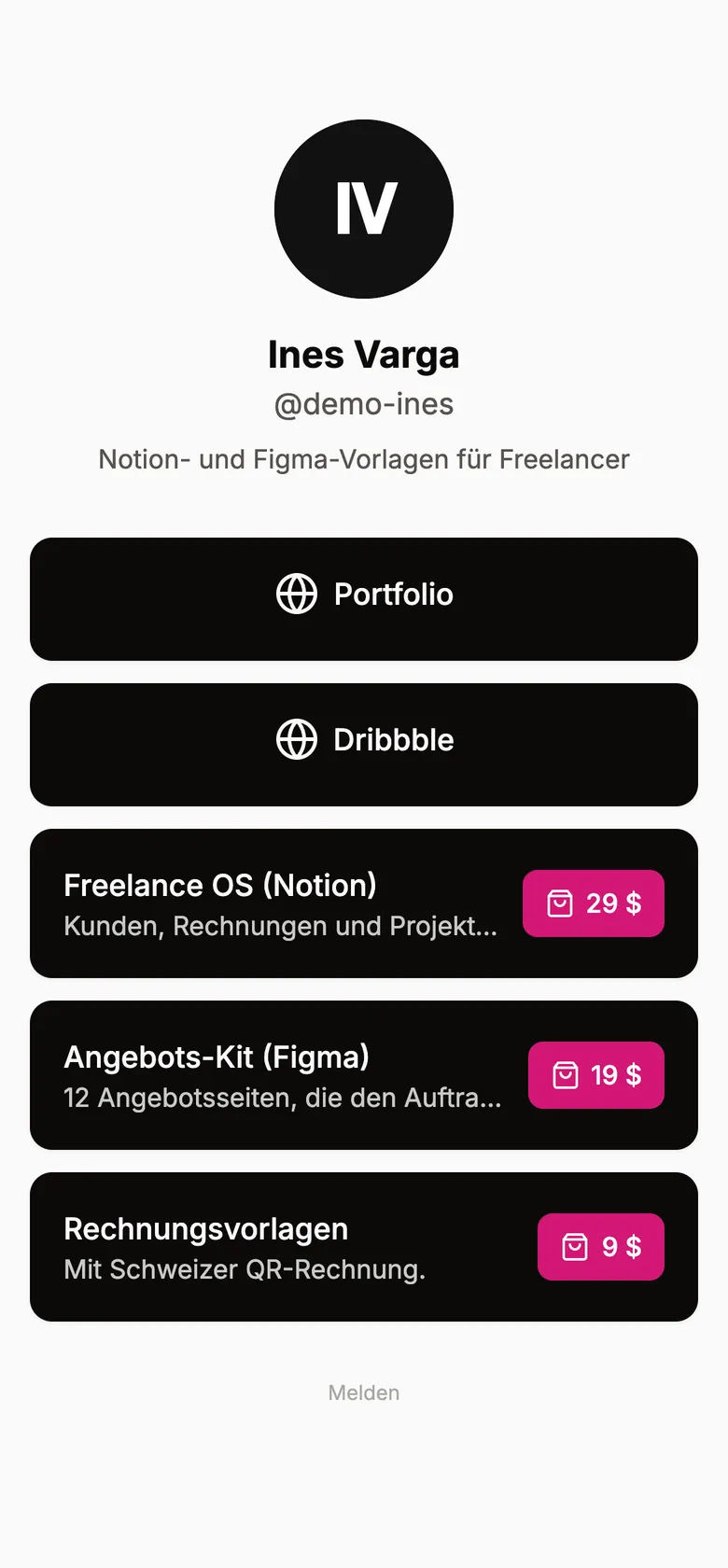 Ines Varga, Vorlagen-Designerin: Portfolio-Links · drei Notion- und Figma-Vorlagen ab 9 $