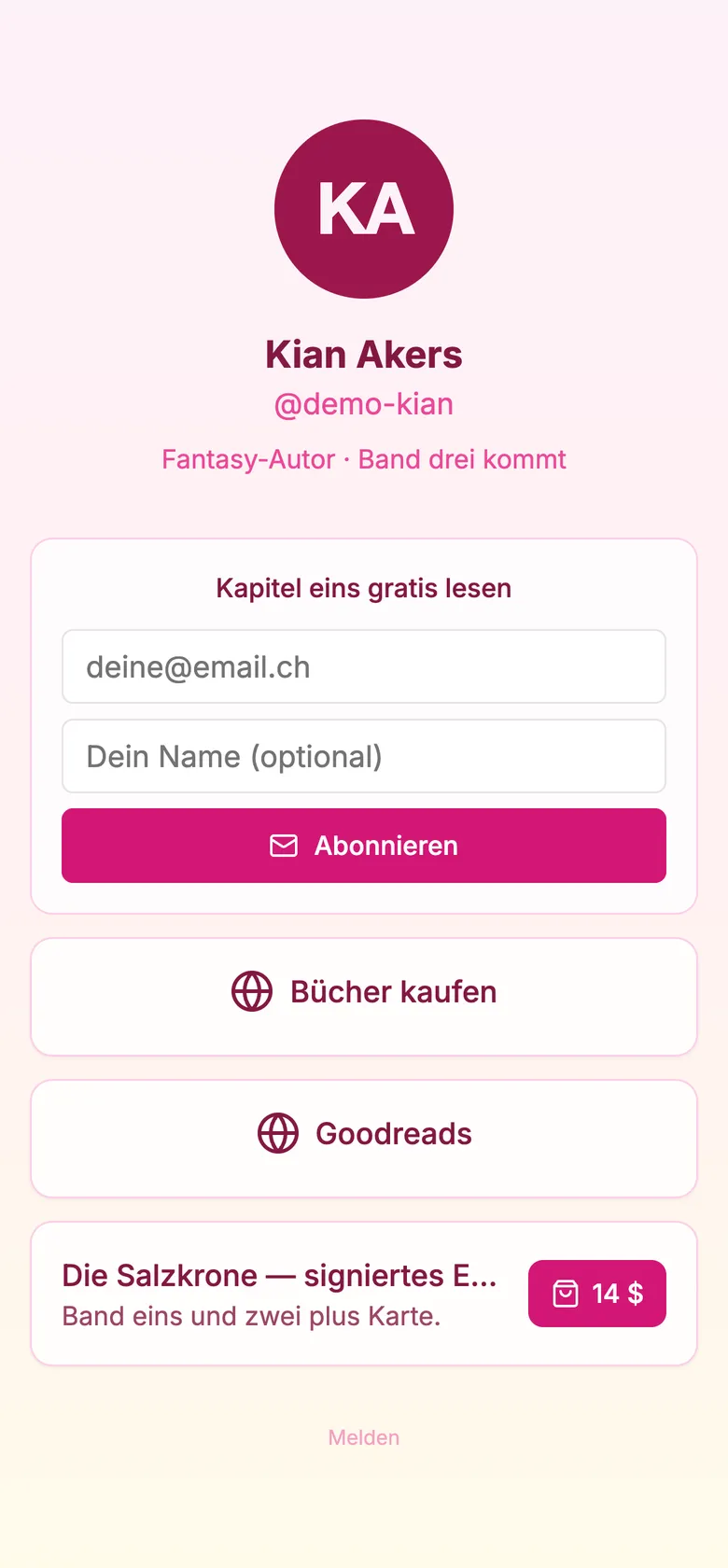 Kian Akers, Fantasy-Autor: Erstes Kapitel gratis gegen E-Mail · signiertes E-Book-Bundle · Links zu allen Buchhandlungen