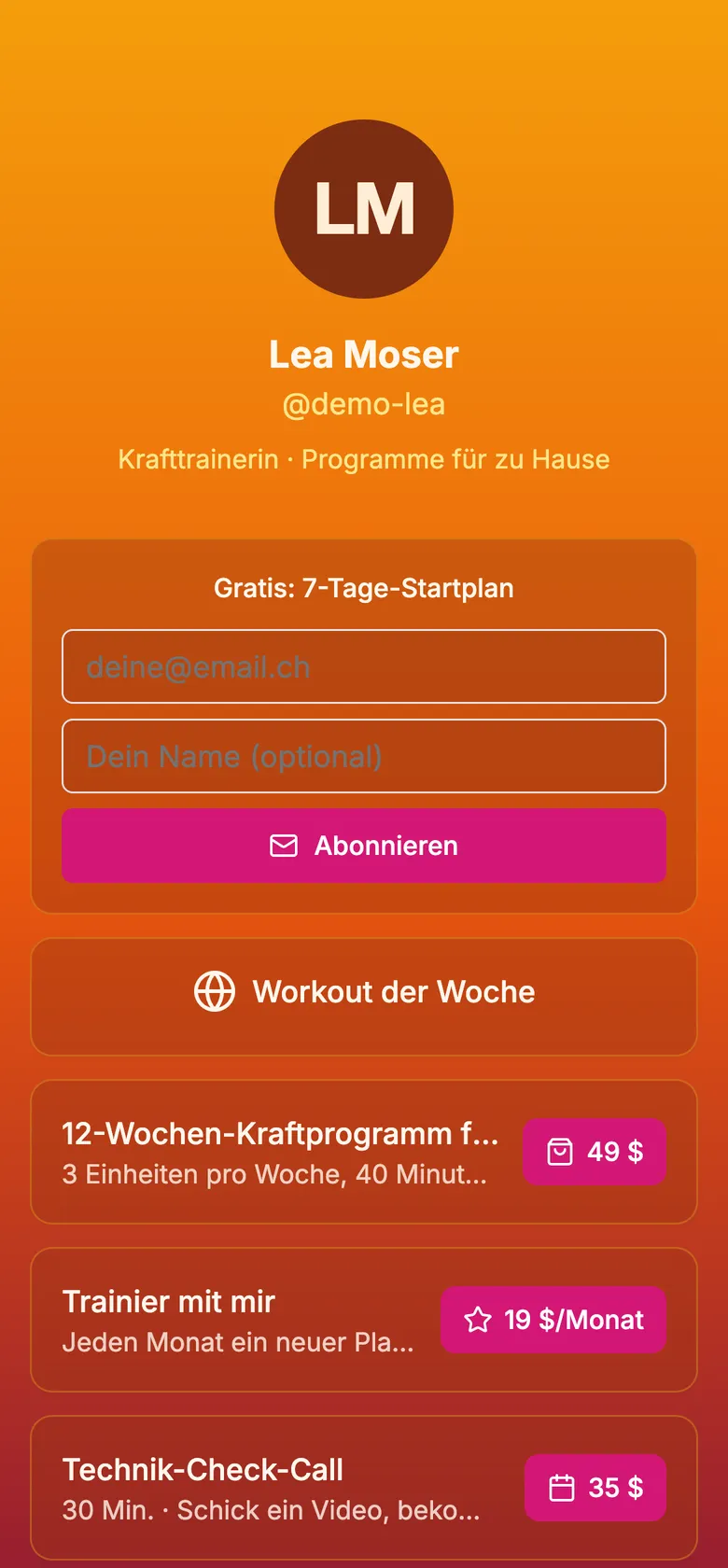 Lea Moser, Krafttrainerin: Gratis-Startplan · 12-Wochen-Programm für 49 $ · Trainingsclub für 19 $/Monat · Technik-Check-Calls