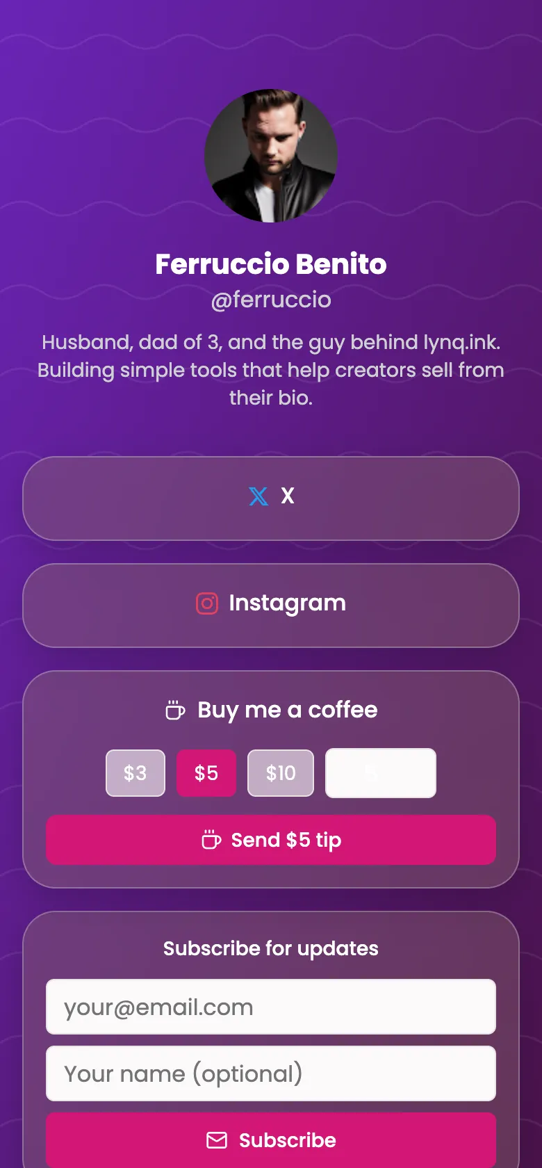 Ferruccio Benito, Gründer von Lynq: Links zu X und Instagram · Trinkgeld · E-Mail-Anmeldung für Produkt-News