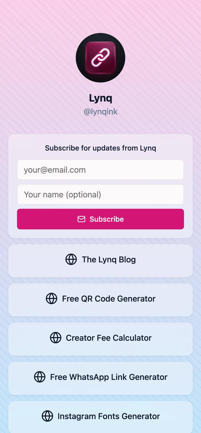 Lynq, Unsere eigene Seite: Anmeldung für Produkt-News · Links zum Blog und zu allen Gratis-Tools